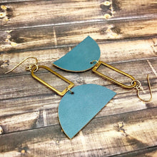 Load image into Gallery viewer, Blue Leather Earrings, gold hooks, brass arch
