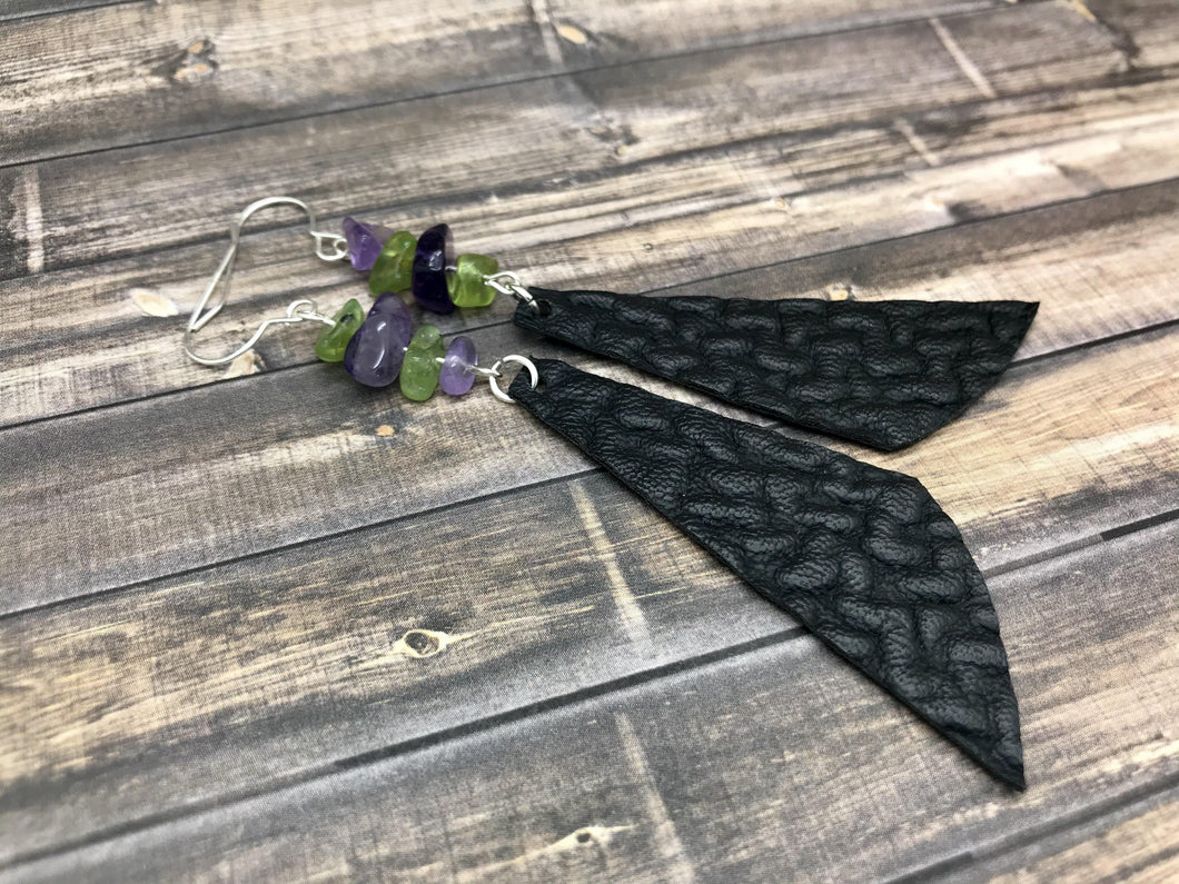 Leather Earrings with Amethyst and Peridot Nuggets