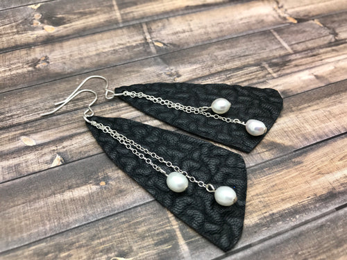 Black Faux Leather and Freshwater Pearls Earrings