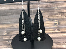 Load image into Gallery viewer, Long Earrings with Dangling Pearls and Black Leather
