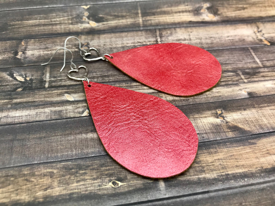 Handmade Red Teardrop Leather Earrings