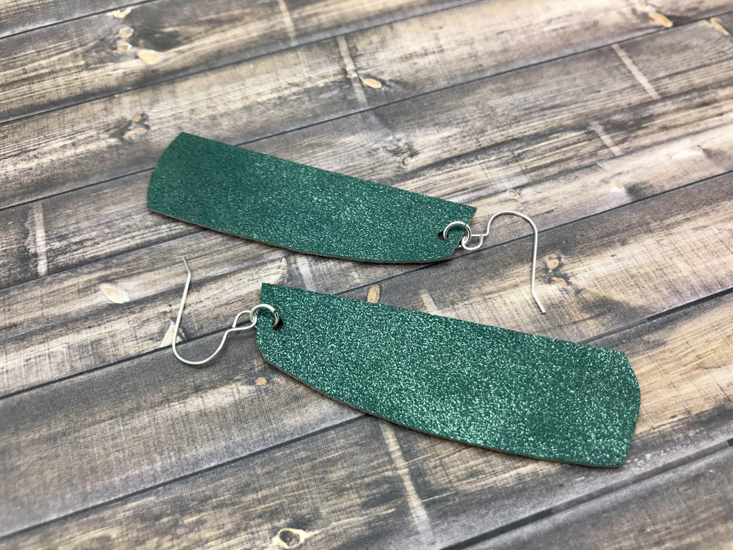 Metallic Green Bar Leather Earrings