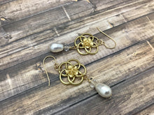 Load image into Gallery viewer, Pearl Drop Earrings with Gold Flower Charm
