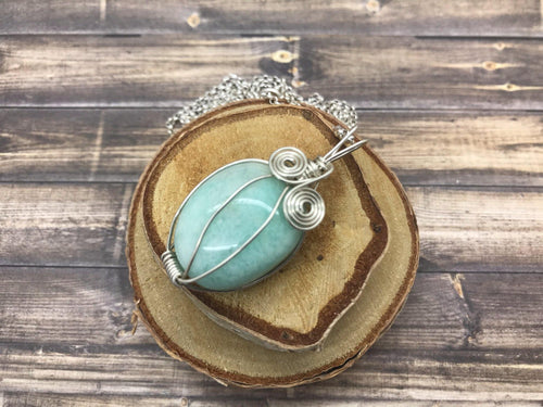 Amazonite Necklace, sterling silver wire wrapped stone