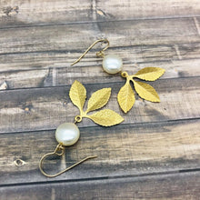 Load image into Gallery viewer, Coin Pearl Earrings with Leaf Charm - G Squared Designs
