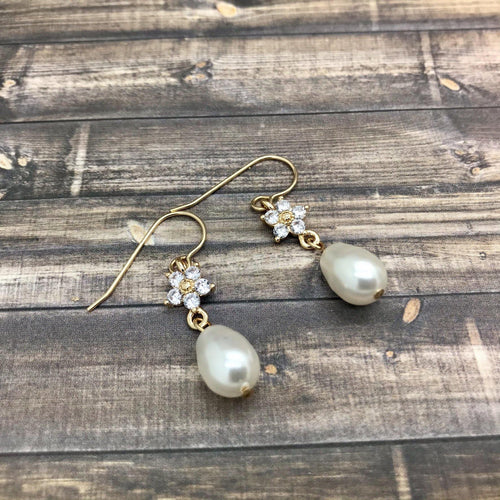 Teardrop  Pearl Dangle Earrings with CZ Charm