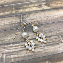 Load image into Gallery viewer, Golden CZ Leaf Charm and Pearl Earrings
