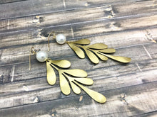 Load image into Gallery viewer, Long Statement Brass and Pearl Earrings
