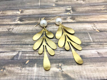 Load image into Gallery viewer, Handmade Swarovski Pearl and Brass Leaf Charm Earrings
