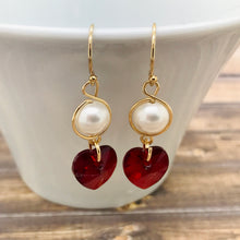 Load image into Gallery viewer, Gold Pearl Earrings with Heart Charm
