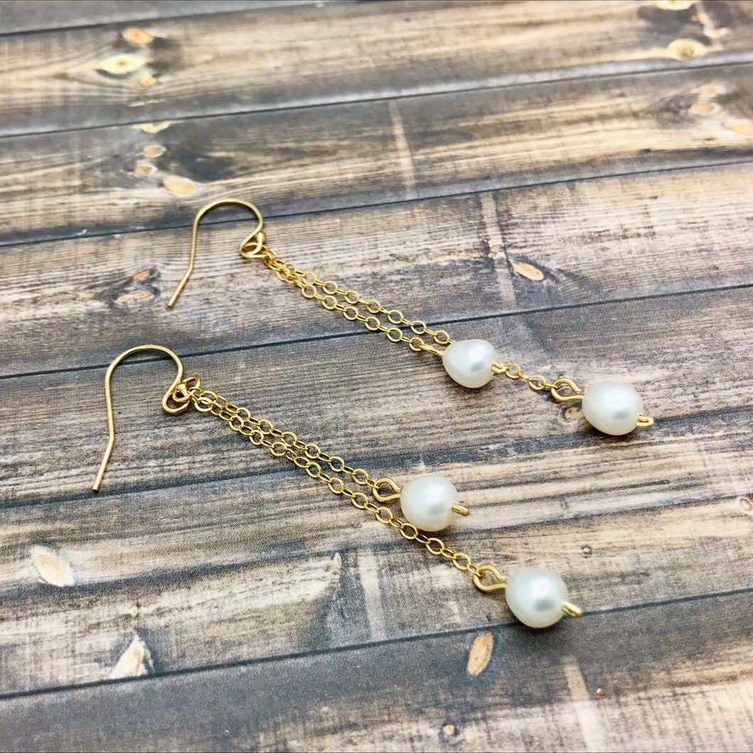 Long Freshwater Pearl Earrings with Gold Layered Chain