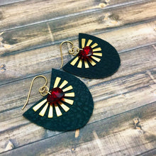 Load image into Gallery viewer, Leather, Brass Charm and Red Crystal Heart Earrings
