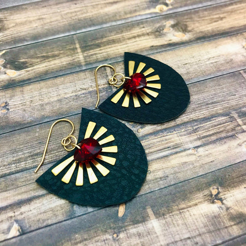 Leather, Brass Charm and Red Crystal Heart Earrings