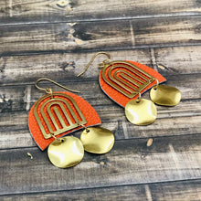 Load image into Gallery viewer, Boho Rainbow Arch Earrings with leather and Brass
