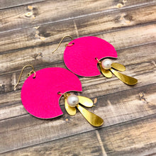 Load image into Gallery viewer, Pink Leather Earrings with a leaf brass charm and pearl
