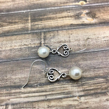 Load image into Gallery viewer, Swarosvski Pearl Earrings with silver Heart Charm
