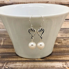 Load image into Gallery viewer, Dangle Pearl Earrings with Heart Charm and Sterling Silver Hooks
