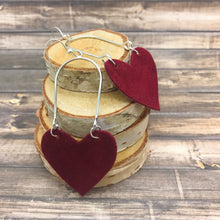 Load image into Gallery viewer, Handmade Red Suede Earrings with Silver Arch Hoop
