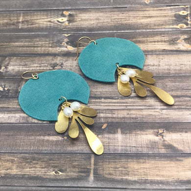 Bohemian Suede Earrings with Brass Leaf and Freshwater Pearls