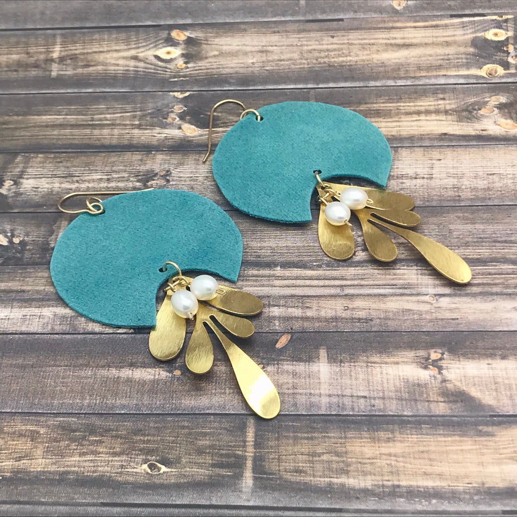 Bohemian Suede Earrings with Brass Leaf and Freshwater Pearls