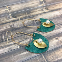 Load image into Gallery viewer, Bohemian Leather  Earrings with Pearl and Brass Charm
